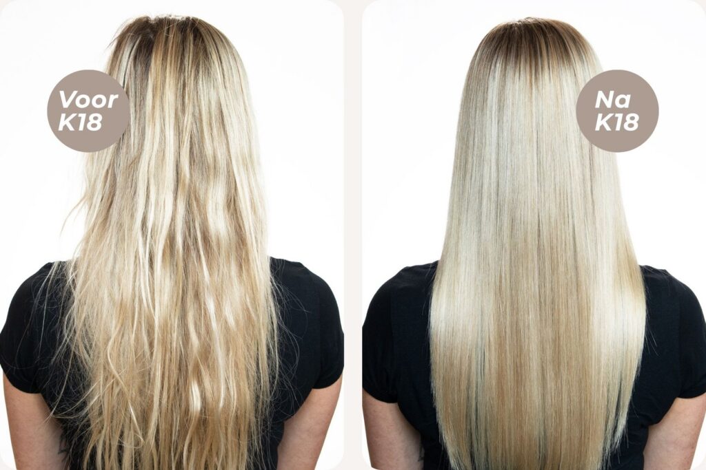 Voor en na resultaat van een K18 behandeling voor beschadigd blond haar